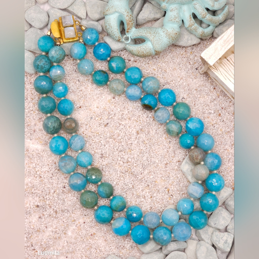 Large turquoise round faceted cracked glass‎ statement necklace